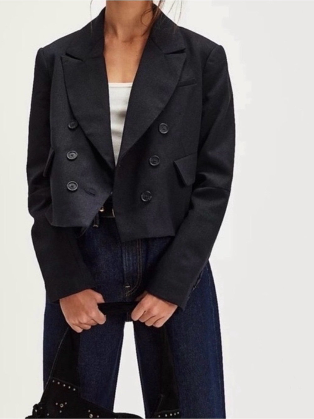 Free People Navy Blue Cropped Double-Breasted Blazer